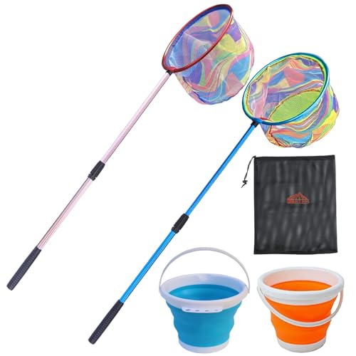 Fishing Nets with Bucket Fishing Retractable Landing Net Lightweight Aluminum Pole with Non-Slip Handle for Catch and Release and Release Frogs Butterfly Youth Outdoor - style: Red+blue