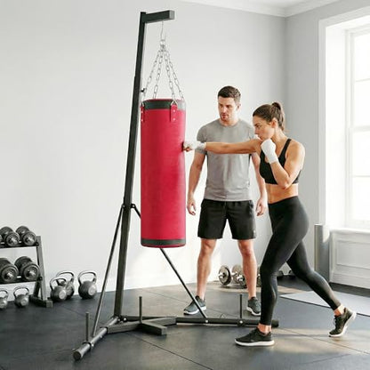 Soozier Punching Bag with Stand for Adults 72.8" 90.9" | Freestanding Boxing Stand, Canvas Sandbag, Stable Triangular Base, 1" Weight Plate Storage, Home Gym MMA, Height Adjustable
