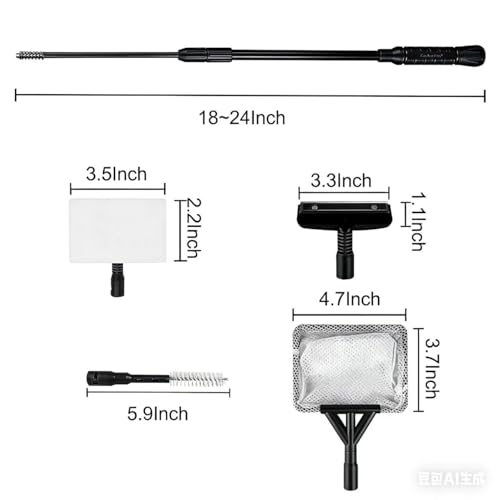 4IN1 Aquarium Cleaning Tools Long Handle Adjustable Length 18~24Inch Fish Tank Cleaner Kit Algae Scraper Scrubber Brushes Set