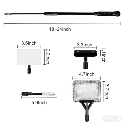 4IN1 Aquarium Cleaning Tools Long Handle Adjustable Length 18~24Inch Fish Tank Cleaner Kit Algae Scraper Scrubber Brushes Set