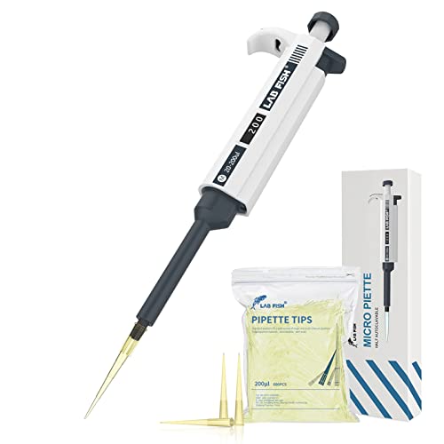 LAB FISH Laboratory Micropipette 20-200ul Capacity Range High Accurate Single Channel Pipettor Manual Adjustable Volume Pipettes Increment 1ul with 600pcs 200ul Pipette Tips Set