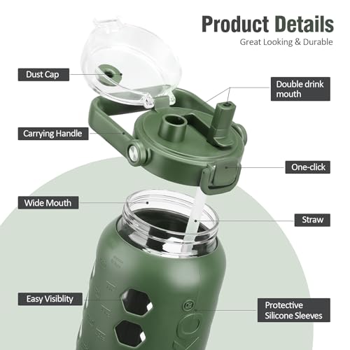 Half Gallon/64 oz Glass Water Bottles with Straw and Lid,Motivational Water Jug with Time Marker Reminder and Silicone Sleeve,100% Leakproof BPA Free Fitness Sports Large Bottle-Olive