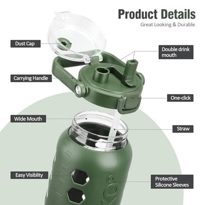 Half Gallon/64 oz Glass Water Bottles with Straw and Lid,Motivational Water Jug with Time Marker Reminder and Silicone Sleeve,100% Leakproof BPA Free Fitness Sports Large Bottle-Olive