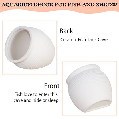 Ceramic Aquarium Decoration Jar – White Betta Fish Tank Ornament, Natural Hiding Cave with 7.8cm / 3.07inch Dia. Round Opening – Aquascape Décor for Fish, Shrimp, Reptiles use