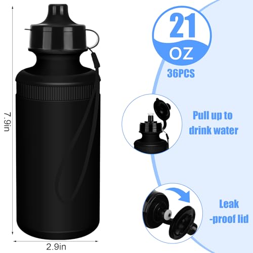 Zubebe 36 Pcs Sports Water Bottles Squeeze Bulk 21 oz | Reusable Plastic Water Bottles with Carry Strap, Back to School Supplies Summer Team Gifts for Students Travel Hiking Cycling - color: Black