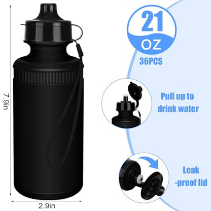Zubebe 36 Pcs Sports Water Bottles Squeeze Bulk 21 oz | Reusable Plastic Water Bottles with Carry Strap, Back to School Supplies Summer Team Gifts for Students Travel Hiking Cycling - color: Black