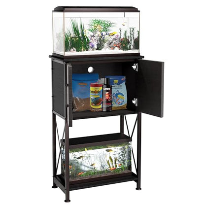 Herture 5-10 Gallon Fish Tank Stand, Metal Double Aquarium Stand with Cabinet for Fish Tank Accessories Storage, Heavy Duty 20.5" L* 11.02" W Tabletop, 500LBS Capacity Black PG06YGB