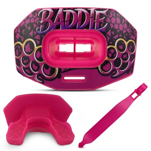DAMAGE CONTROL Youth Football Mouth Guard – Baddie | Heavy Duty, Breathable No Boil Mouthpiece, Maximum Airflow, Protects Lips & Teeth, Works with Braces, Includes Helmet Strap - color: Baddie