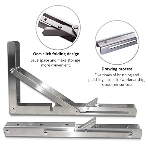 Storystore Folding Shelf Brackets - 10 Inch Heavy Duty Stainless Steel Collapsible Shelf Bracket for Bench Table, Space Saving DIY Bracket, Max Load: 550lb （2 PCS） - size: 10 Inch