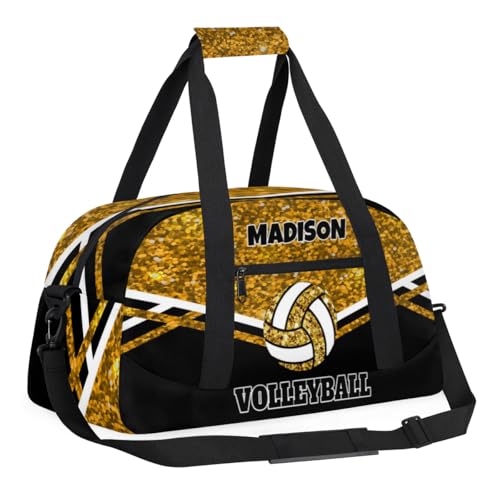 Custom Volleyball Bag with Name, Gold Sequins Glitters with Black | Personalized Sports Bag for Teens Waterproof Weekender Carry Training Travel Bag (Not real Glitter) - color: Gold Black