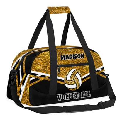 Custom Volleyball Bag with Name, Gold Sequins Glitters with Black | Personalized Sports Bag for Teens Waterproof Weekender Carry Training Travel Bag (Not real Glitter) - color: Gold Black
