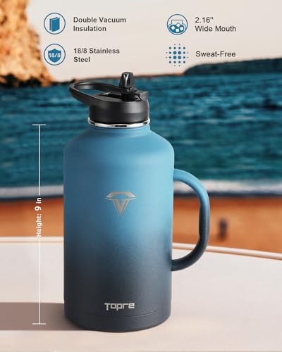 Topre 64oz Water Bottle Insulated with Handle,Double-Wall Vacuum Stainless Steel (Cold for 48 Hrs), Half Gallon Water Jugs,Reusable Metal Water Flask with Carry Pouch,Straw & Spout Lid,Indigo Black - color: Indigo Black with Handle, size: 64 Ounces
