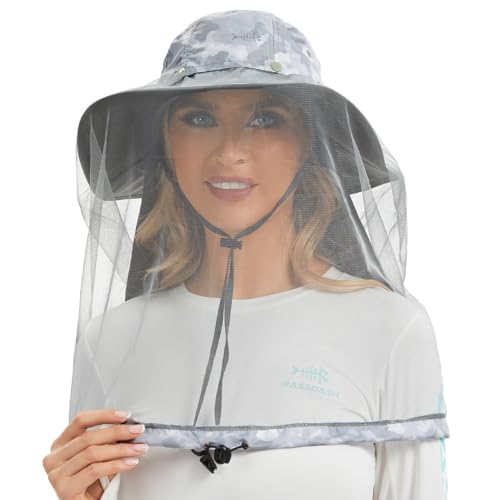 BASSDASH UPF 50+ Mosquito Sun Hat with Hidden Head Net and Neck Flap for Men Women Outdoor Fishing Hiking Camping - color: Light Grey Camo