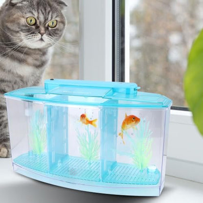 AYNEFY Mini Fish Breeding Box,Aquarium Fish LED Acrylic Three Divisions Small Fishes Isolation Incubator Breeding Hatchery for Guppy Shrimp Fishes (Blue)