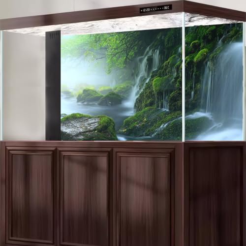 Cascading Waterfall Aquarium Background Majestic Tranquil Stream Mossy Rocks Fish Tank Background Scenic Foggy Misty Forest Scene Terrarium Backgrounds Natural Falls Reptile Tank Backgrounds 24x16in - color: Foggy Green, size: 24(W)x16(H)in