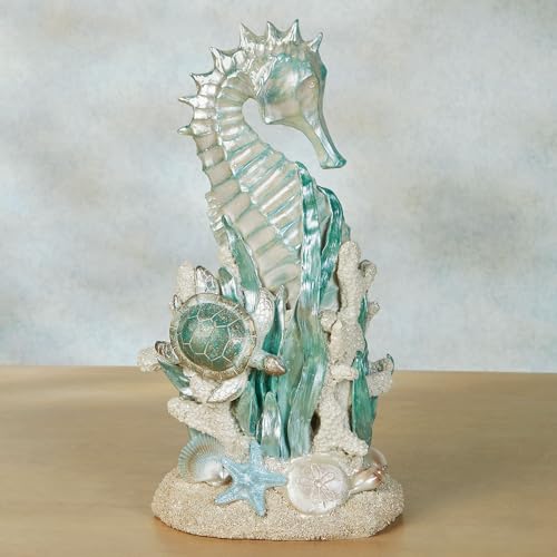 Touch of Class Coastal Seahorse & Sea Turtle Table Sculpture | Handpainted Pearlescent Metallic Ivory, Cool Blue, & Green Hues, Ocean Sealife, Coral Reef, & Seashells, Textured Sand Base