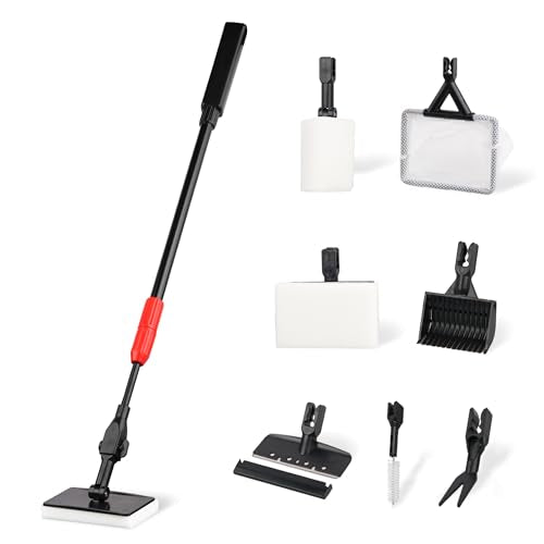 Aquarium Cleaning Tools 7 in 1 - Fish Tank Cleaning Kit with Algae Scraper, Scrubber Pad, Adjustable Telescopic Long Handle, Fish Net, Gravel Rake, Fork & Brush - Saltwater & Freshwater Tank