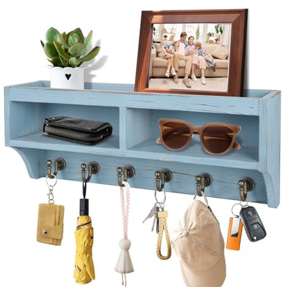 Key Holder Wall Mount with Mail Organizer, 6 Hooks & Shelf, Blue - color: Blue