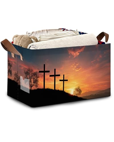 Cross Sunset Storage Basket,Collapsible Storage Bin Cubes for Living Room Bedroom Blankets Home Storage 17x11.5x10Inch