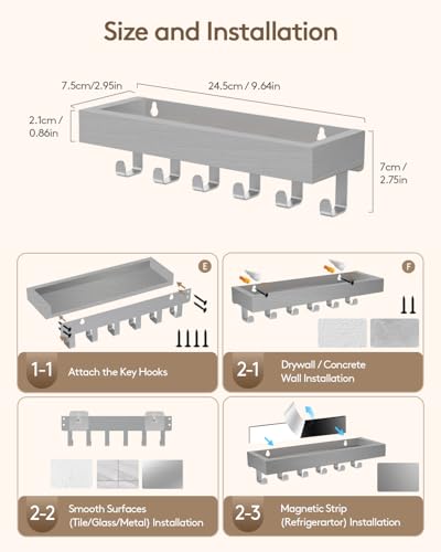 Key Holder Wall Mount Magnetic Adhesive - Key Hooks Rack with shelf - color: Gray, size: Medium