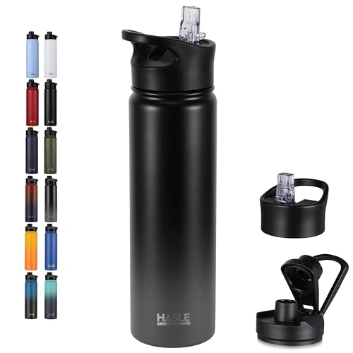 HASLE OUTFITTERS Insulated Water Bottle 22 oz Double Wall Stainless Steel Water Bottle Wide Mouth with Straw Lid & Spout Lid Keeps Cold or Hot(Black Gray Gradient,1) - color: Black Gray Gradient, size: 22 Ounces