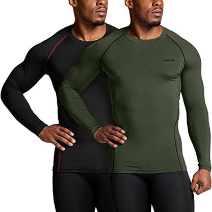 TSLA Men's Thermal Long Sleeve Compression Shirts, Athletic Base Layer Top, Winter Gear Running T-Shirt - color: 2pack Black & Red/Olive, size: Large
