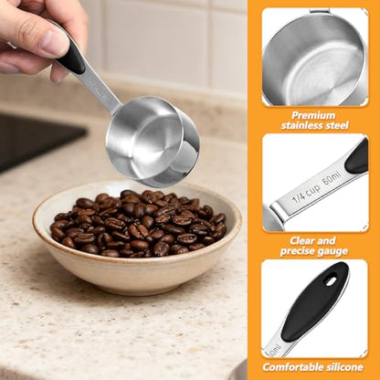 2 Pcs 1/4 Cup Measuring Cups, Stainless Steel 1/4 Cup Scoop, Coffee Measuring Scoop with Plastic Handle, 60ml Liquid Coffee Measuring Cups for Kitchen Cooking Baking Wet Dry Ingredients