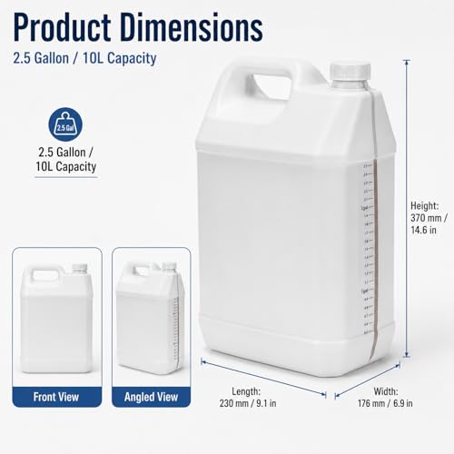 2.5 Gallon Water Jug with Lid, 10 Liter HDPE Plastic Carboy Jar, Empty Gallon Jug and Liquid Storage Container for Water, Used Oil and Garage Use