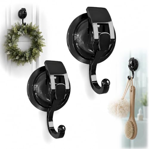 Heavy Duty Vacuum Suction Cup Hooks, Matte Black Suction Cup Wreath Hanger for Front Door Glass Window, No Drill Removable Hooks for Bathroom Kitchen Shower Wall Holiday Decor, 2 Pack - color: Black