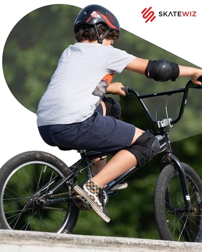 SKATEWIZ Skateboard Pads Protective Gear Set for Kids and Adults - Smash - Roller Skate Pads [6pc] with Wrist Guards - Skating Protective Gear - Roller Derby - color: Black, size: M/L - Kids/Teens