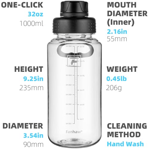 Fanhaw 32 oz Clear BPA-Free Tritan Water Bottle with Fast-Flow Spout Lid, BPA-Free & Leak-Proof Wide-Mouth Reusable Bottle for Gym, School & Office, Back to School Essentials (Clear&Black) - color: Clear&Black, style: 1 Pack