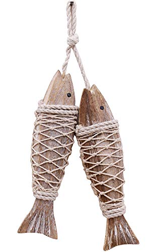 Rustic Nautical Wooden Fish Decor - Hanging Fish Sculpture for Wall, Beach Theme Home Decor - Bedroom, Bathroom, Lake House (S) - color: S (1 Set)