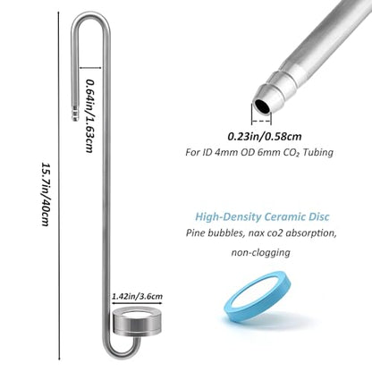 LINLAN 15.75in 304 Stainless Steel CO₂ Diffuser, Frosted Matte Material(One-Piece Molding), Equipped with Silicone Suction Cup + Replacement Diffusion Disc, Suitable for Rimless Planted Aquariums - size: 15.75in