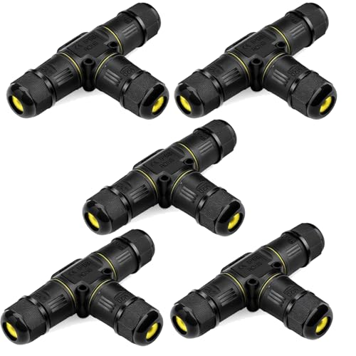 5 PCS IP68 Waterproof Cable Connectors, T-Shape Junction Box 3-Pin Earth Cable Connection Sleeve for Ø5-12mm Cable Diameter, Nylon Material
