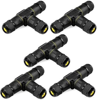 5 PCS IP68 Waterproof Cable Connectors, T-Shape Junction Box 3-Pin Earth Cable Connection Sleeve for Ø5-12mm Cable Diameter, Nylon Material