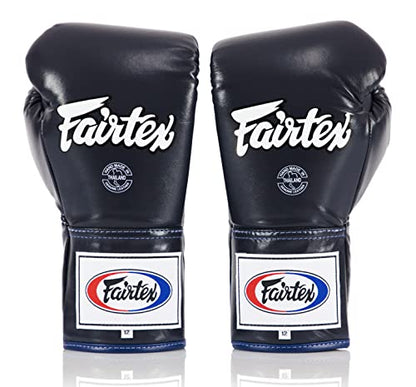Fairtex BGL6 Locked Thumb Boxing Gloves, Leather Lace Up Muay Thai MMA Gear | Snug-fit hand compartment with ergonomic curves. Minimizes hand fatigue. Built for pro competitions and sparring. - color: Blue, size: 14 oz