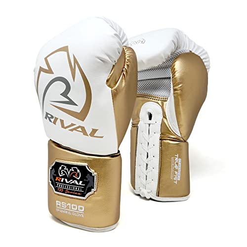 RIVAL Boxing RS100 Professional Lace-Up Sparring Gloves, Handcrafted with Super-Rich Microfiber PU, Ergonomically Designed to Perfectly Fit Your Hand - color: White/Gold, size: 16 oz.