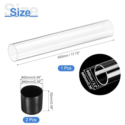 uxcell Clear Rigid Acrylic Pipe, 56mm(2.2") ID x 60mm(2.36") OD 18" Round Polycarbonate Tube Plastic Tubing with Rubber Caps for Plumbing, Lighting, Aquarium, DIY Projects - size: 56mm ID x 60mm OD 18"