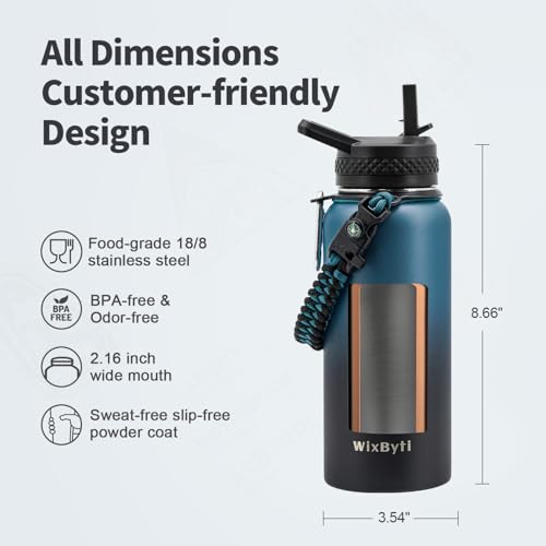 WixByti 32 oz Insulated Water Bottle with Straw, Stainless Steel Water Jug - color: Blue/Black Gradient, size: 32 Ounces