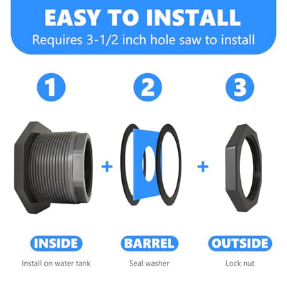 1 Pcs 2 Inch Bulkhead Fitting PVC - Heavy-Duty Plumbing Kit for Water Tank, Aquariums, Rain Barrels & Pools with Reinforced Seals (Female/Internal Thread, Requires 3-1/2" Hole Saw) - size: 2 Inch