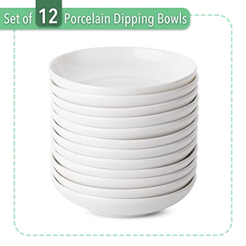 Brew To A Tea - Ceramic Porcelain Dipping Bowls, 3 Oz, Set of 12, White, Modern Style, Round Shape, Classic Theme, Oven Safe, Microwave & Dishwasher Safe