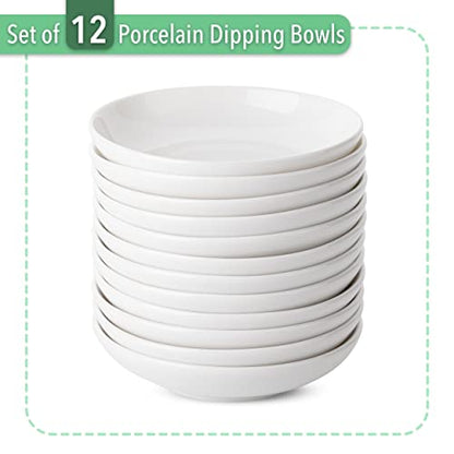 Brew To A Tea - Ceramic Porcelain Dipping Bowls, 3 Oz, Set of 12, White, Modern Style, Round Shape, Classic Theme, Oven Safe, Microwave & Dishwasher Safe