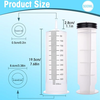 500ml Syringes without Needle for Liquid, Large Plastic Syringe with Adapter for Pet Feeding, Plant Irrigation, Scientific Labs, Measuring Liquids, Individually Wrapped, 2 Pack