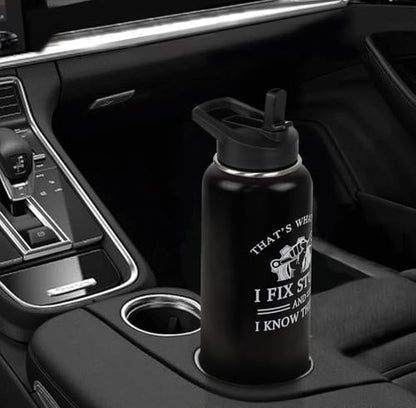 Mechanic Water Bottle with Straws Garage Insulated Water Bottle Gifts for Men,Father,Dad,Grandpa,Husband,Car Guy,Anniversary,Fathers Day Travel Thermal Double Walled Vacuum Cup-32 oz - color: black mechanic