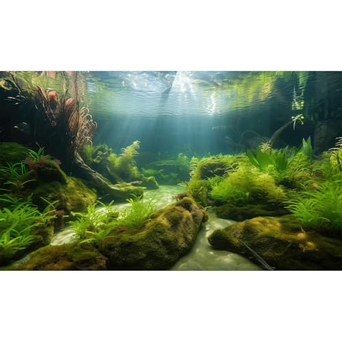 Undewater Floor Aquarium Background Ocean Seabed Rock Stone Cave Fish Tank Background Deep Sea Green Aquatic Plants with Sunbeams Terrarium Reptile Tank Enclosure Backgrounds Wallpaper 72x16in - size: 72(W)x16(H)inches/ 180(W)*40cm(H)