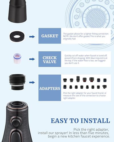 Kitchen Faucet Replacement Spray Head - with 15 Adapters, Pull Down Faucet Sprayer with 3-Function Nozzle, Oil-Rubbed Bronze, Kitchen Sink Faucet Head Replacement