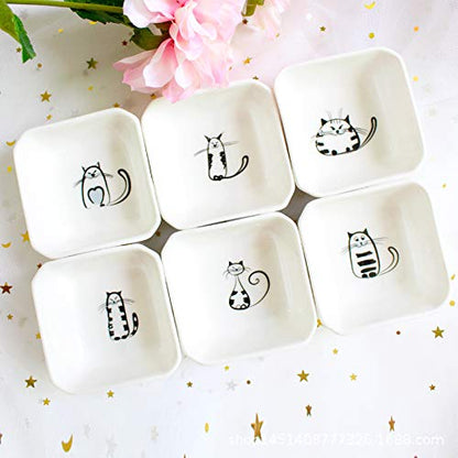 Super Cute Cat Ceramic Sauce Dish/Seasoning Dish/Sushi Soy Dipping Bowl/Appetizer Plates/Serving Dish for Kitchen Home(Set of 6) - color: Cat-Rectangle