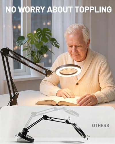TANYO 10X Magnifying Glass with Light, Real Glass Len Magnifier with Light with 3 Color Mode Dimmable, Dual Swing Arm Hands Free LED Desk Magnifier Lamp for Jewelry Sewing Crafts Embroidery Repair