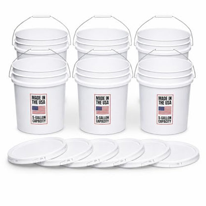 5-Gallon White Bucket Pail With Airtight Lid, Food Grade BPA-Free Premium HDPE, Made In USA, Heavy-Duty Extra Durable Multi-Use, Metal Handles Plastic Grip Easy Carrying, Stackable Easy Store - 6 Pack - size: 6 Pack