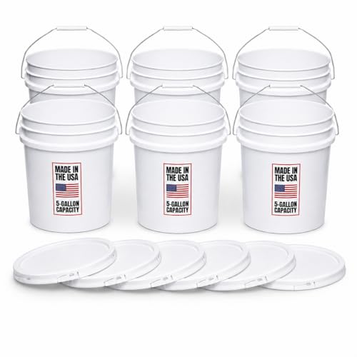 5-Gallon White Bucket Pail With Airtight Lid, Food Grade BPA-Free Premium HDPE, Made In USA, Heavy-Duty Extra Durable Multi-Use, Metal Handles Plastic Grip Easy Carrying, Stackable Easy Store - 6 Pack - size: 6 Pack